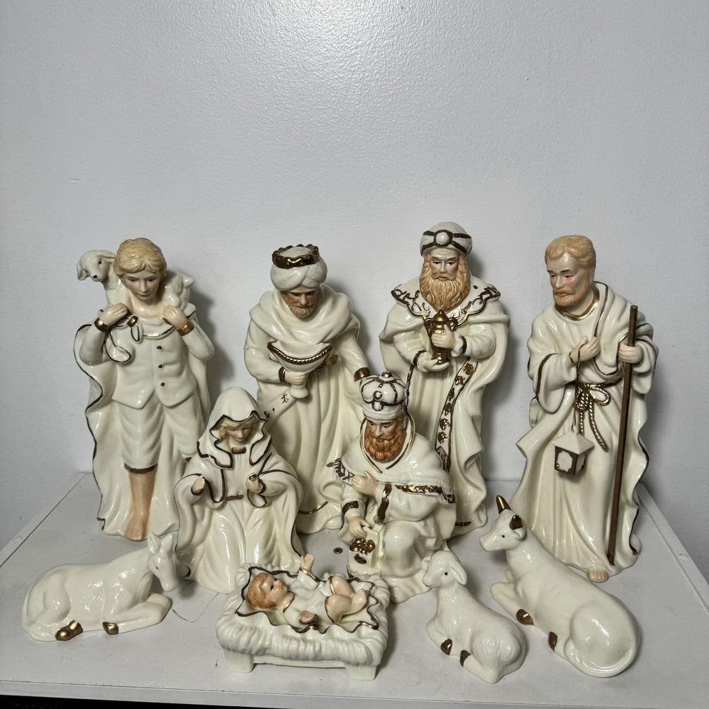 Vintage 10 Piece Miniature Nativity Set White & Gold Porcelain.